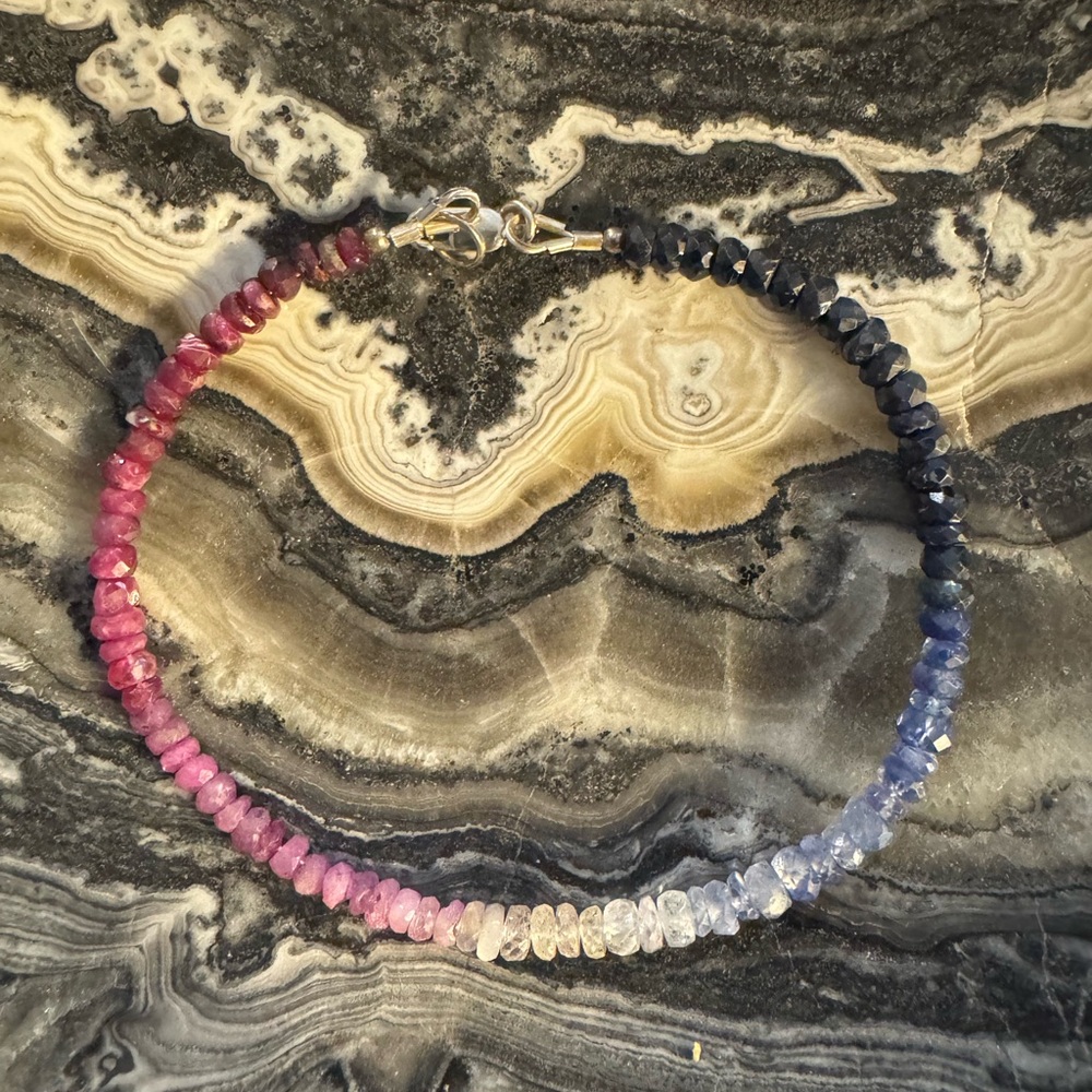 Beautiful handmade raw Ruby and Sapphire gradient bracelet 7 1/2 inches